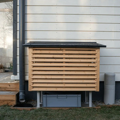 Air source heat pump protective casing with sheet metal roof
